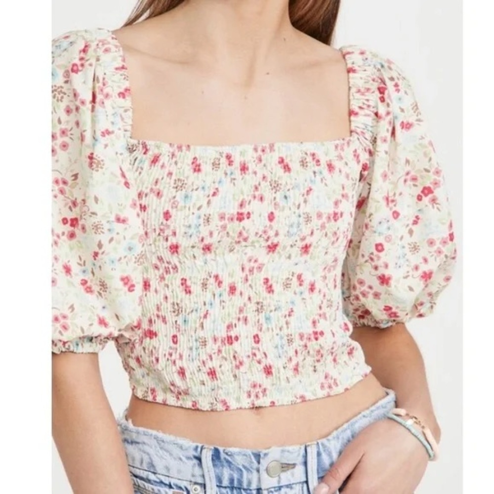 NEW Sokee‎ Collective Medium Greenwich Floral Puff Sleeve Smocked Blouse Top